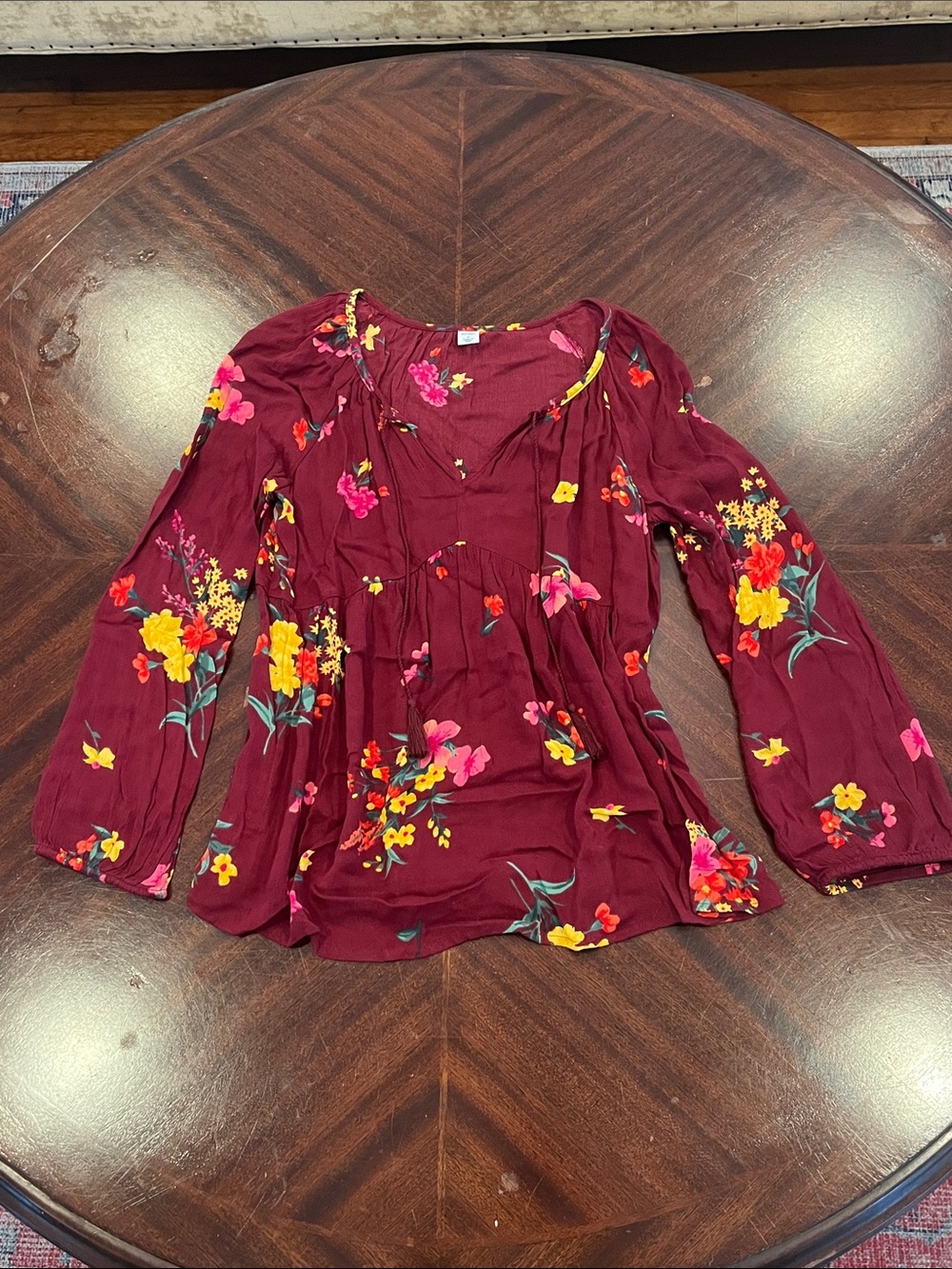 Old Navy Burgundy Floral Peasant Tunic Top